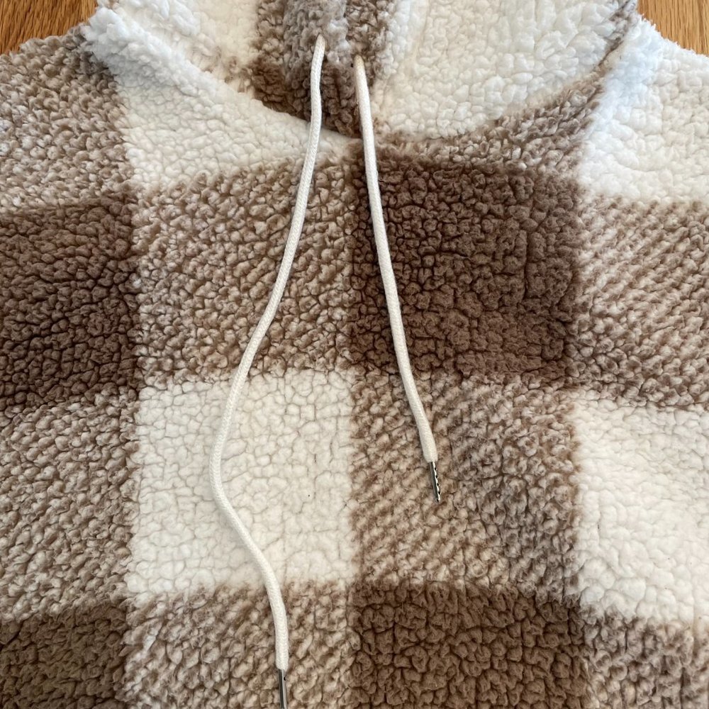 Shein Buffalo Plaid Print Drawstring Hoodie Brown White Women’s Size Small - Picture 4 of 9